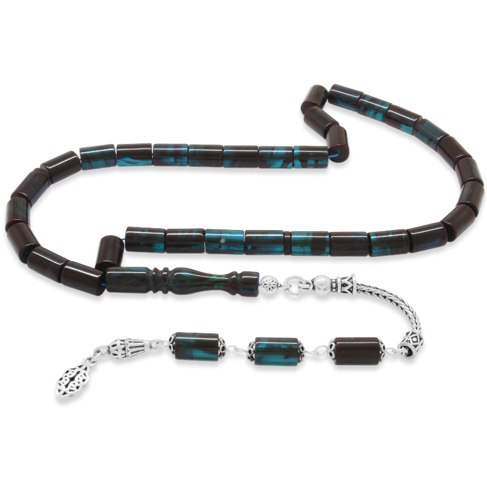 925 Sterling Silver Turquoise-Black Amber Rosary with Tassels