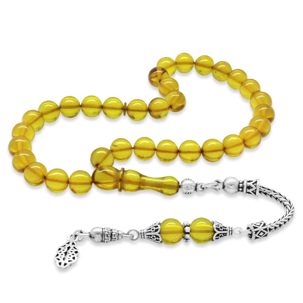 925 Sterling Silver Yellow Amber Rosary with Tassels