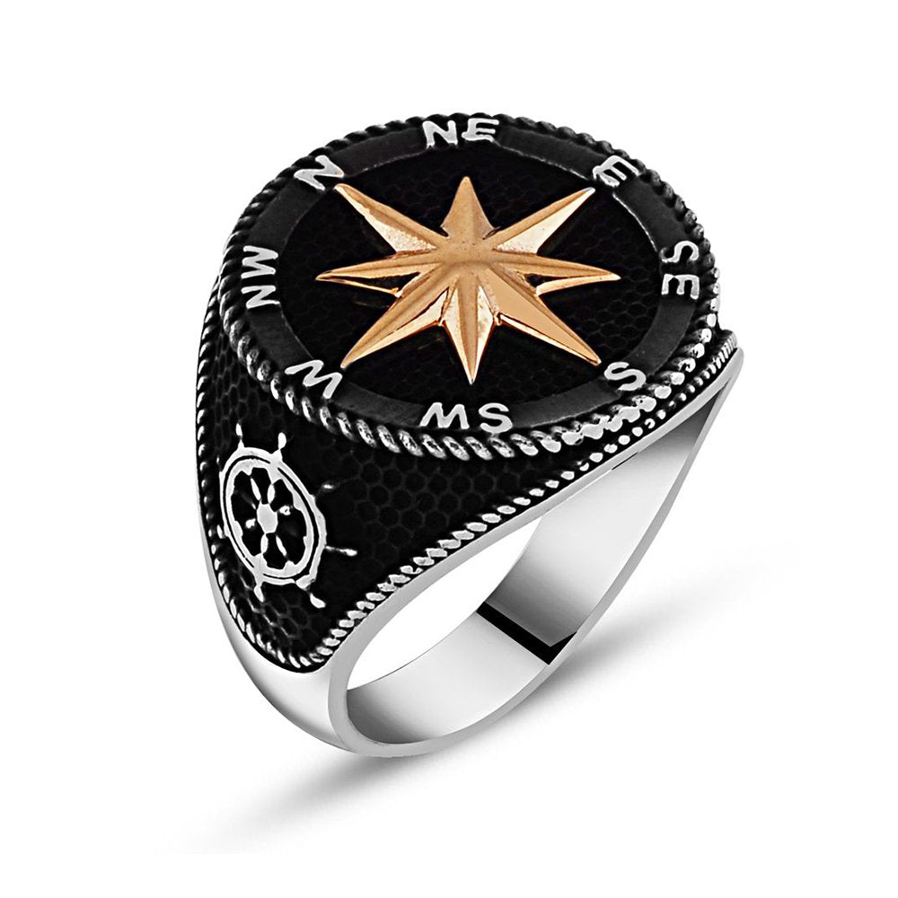 Tesbihane Black Color 925 Sterling Silver Compass Ring-2