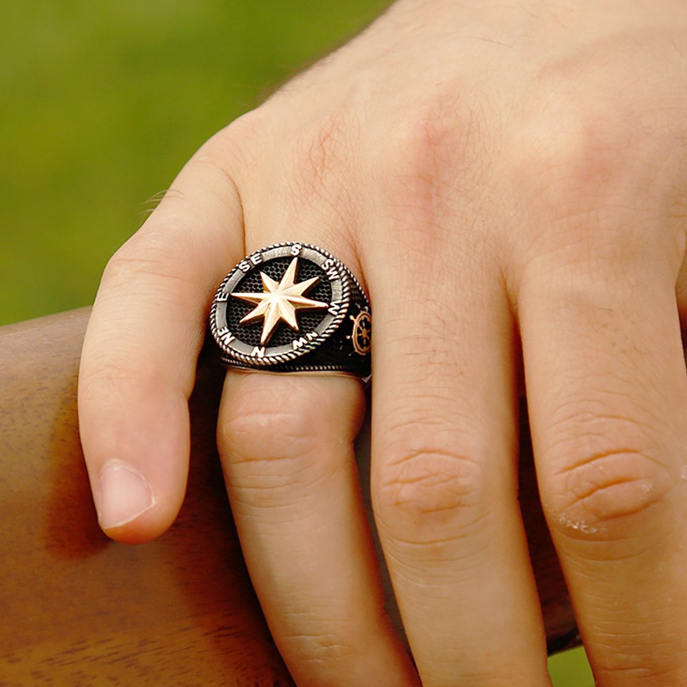 Tesbihane Black Color 925 Sterling Silver Compass Ring-4