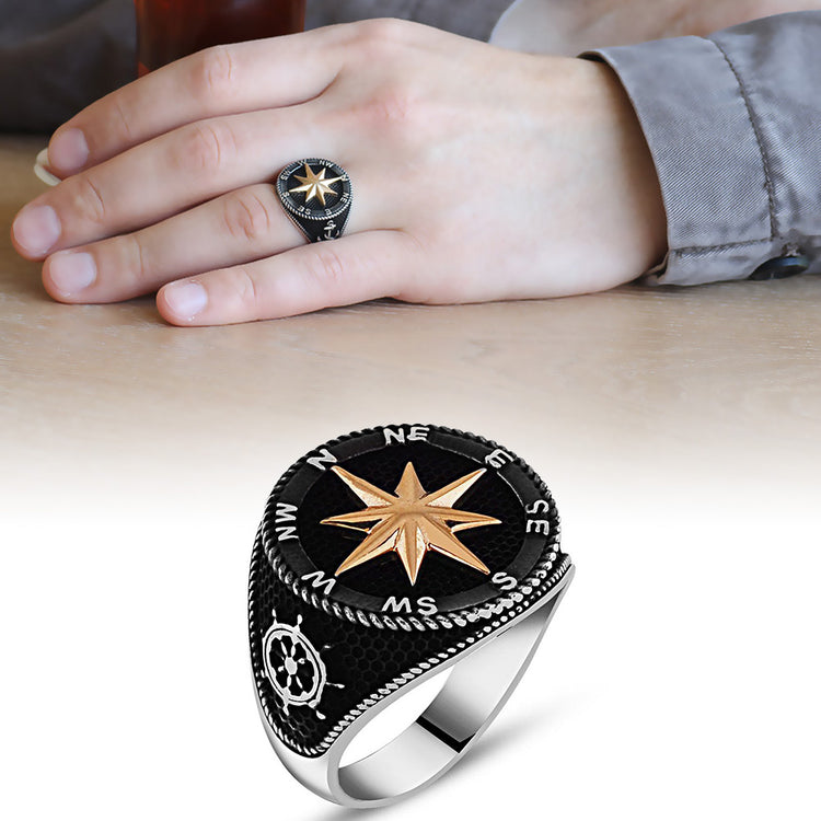 Tesbihane Black Color 925 Sterling Silver Compass Ring