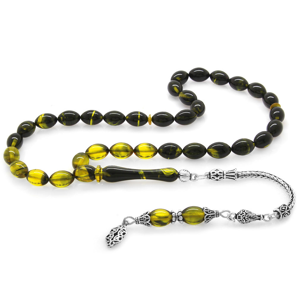 925 Sterling Silver Tasseled Barley Cut Filtered Yellow-Black Fire Amber Rosary