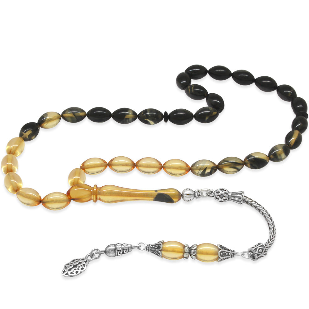 925 Sterling Silver Tasseled Barley Cut Filtered Black-White Fire Amber Rosary