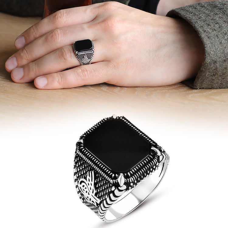 925 Sterling Silver Men's Ring with Monogram and Black Onyx