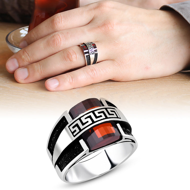 925 Sterling Silver Menderes Ring with Red Zircon Stone