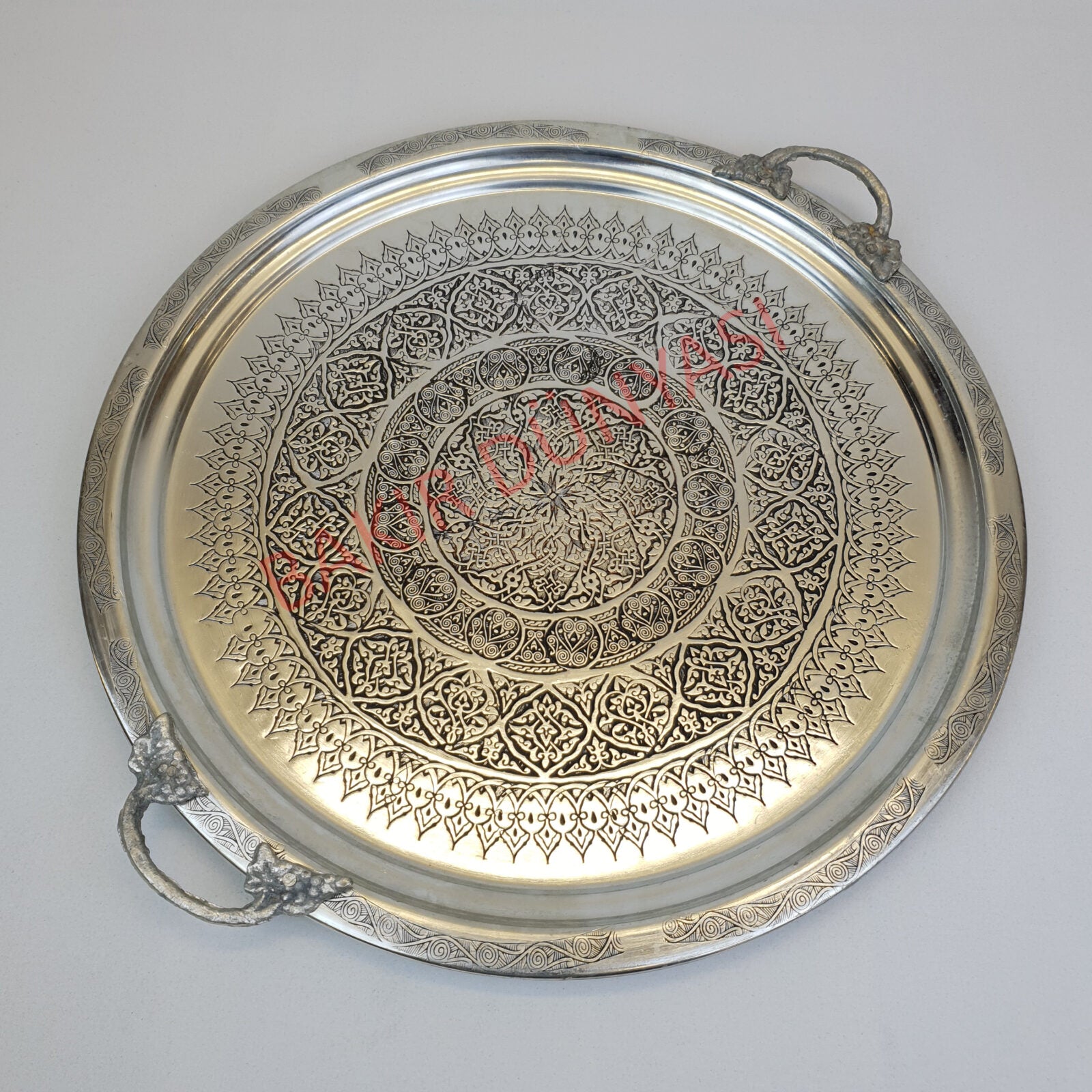 Pewter Antiqued Copper Tray with Printed Handle