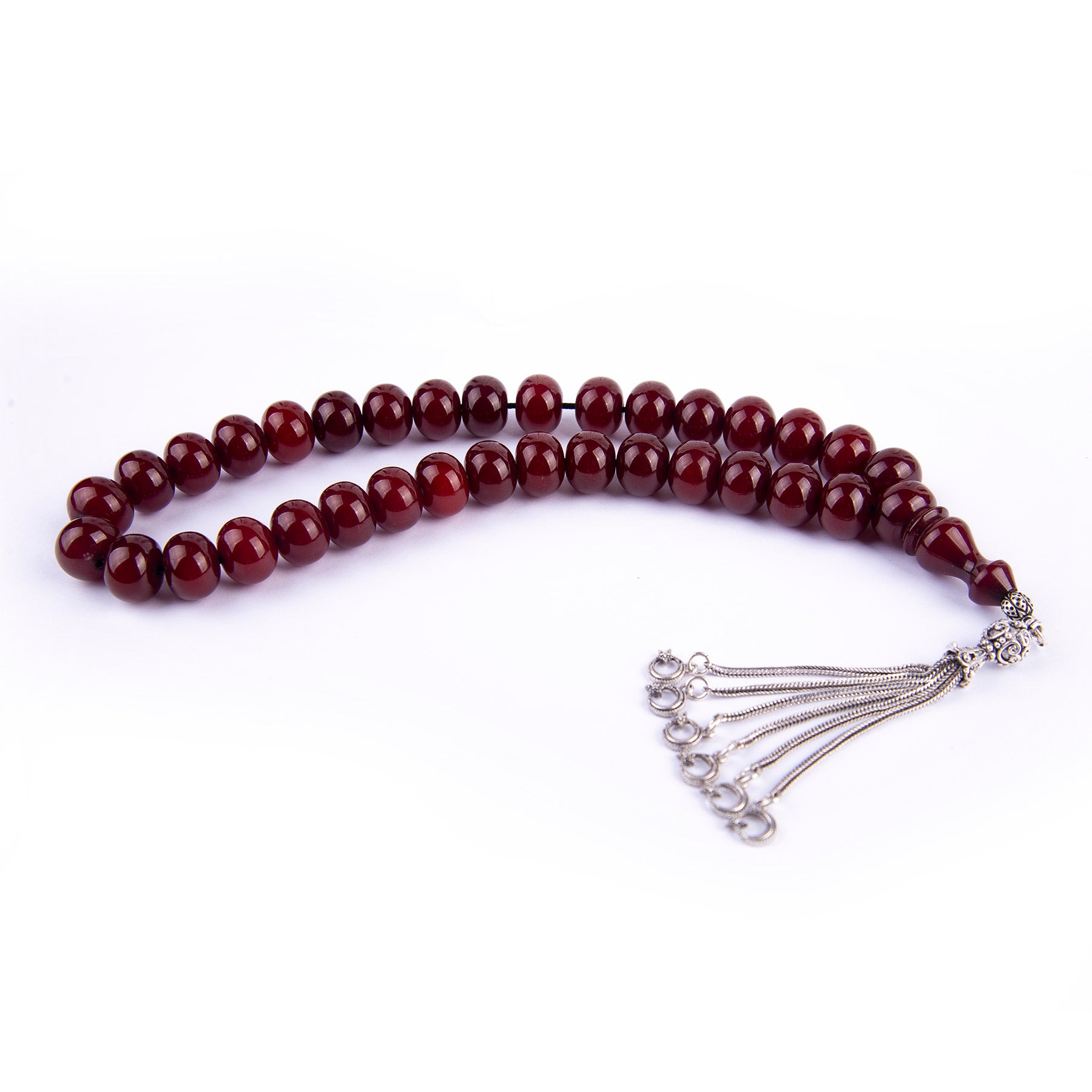 Ottoman Simulation Crimped Amber Rosary with Heavy Silver Tassels 3
