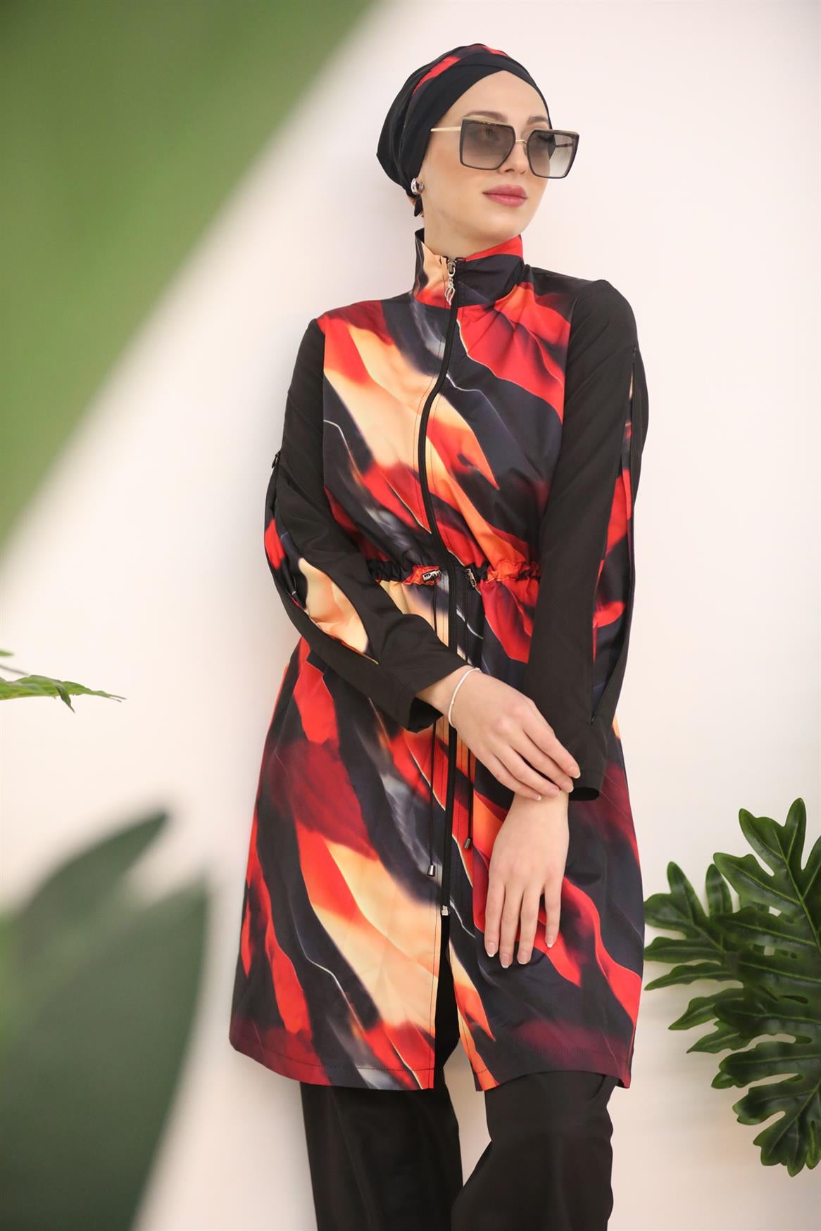 Flame Patterned Sleeves Zippered Set