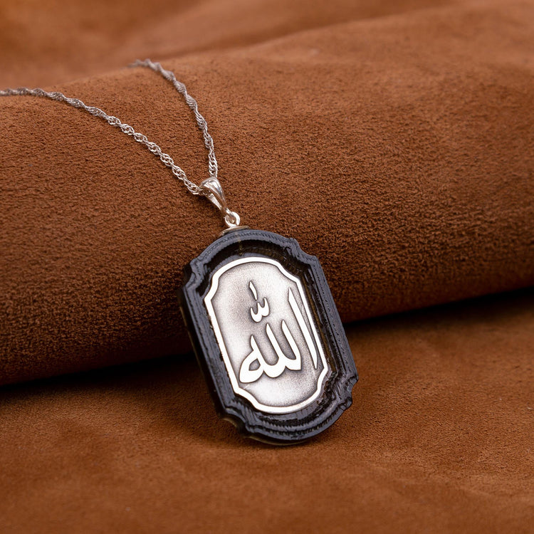 Allah Embroidered Amber Stone 925 Sterling Silver Necklace