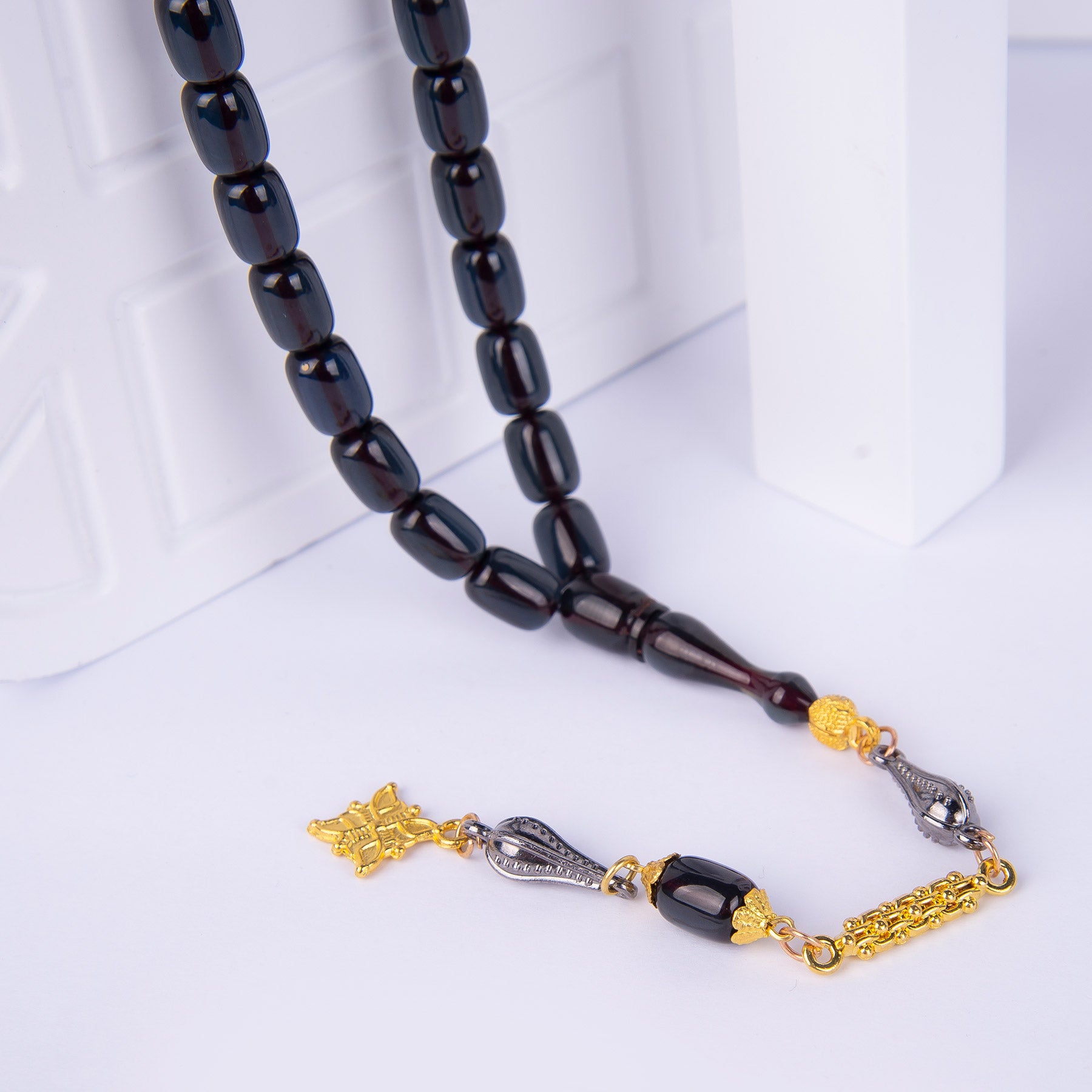 Ve Tesbih Capsule Cut Black Fire Amber Rosary 3