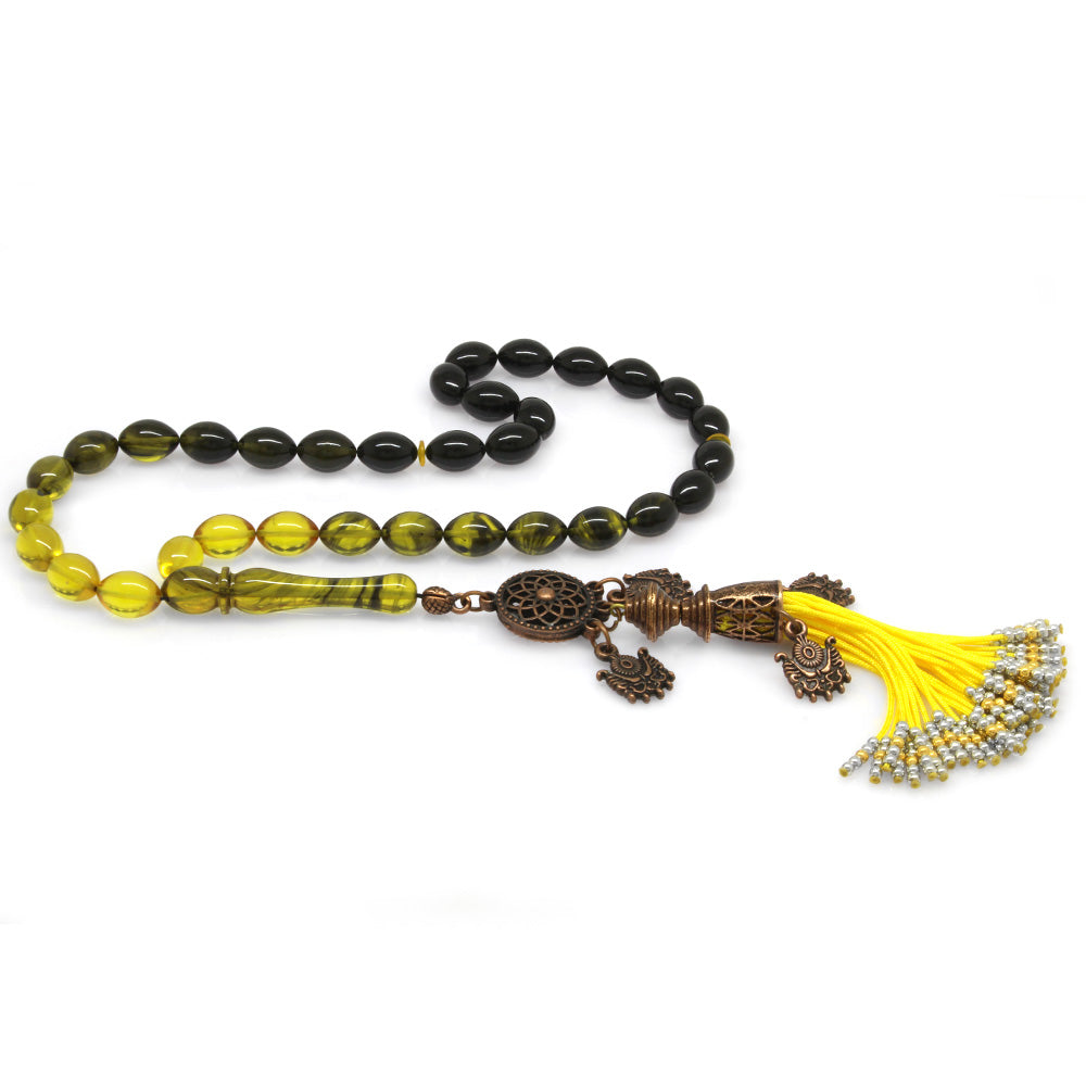 Antique Copper Ottoman Palace Tasseled Barley Cut Filtered Yellow-Black Fire Amber Rosary