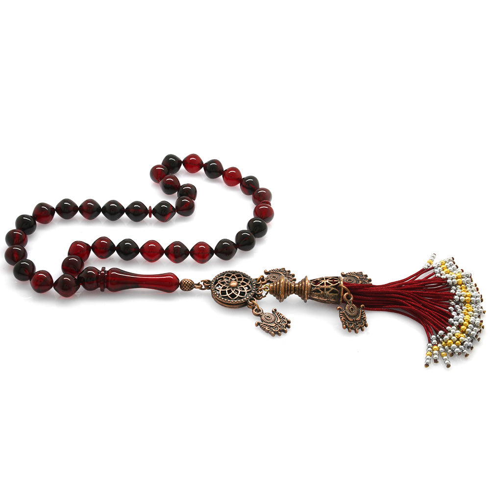 Antique Copper Ottoman Palace Tasseled Istanbul Cut Red-Black Fire Amber Rosary