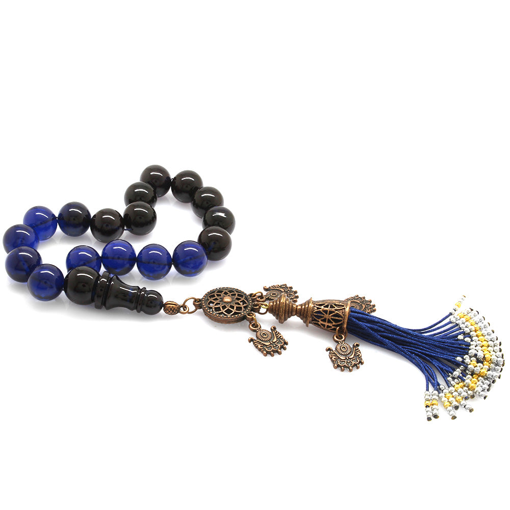 Antique Copper Ottoman Palace Tasseled Blue-Black Pressed Amber Efe Rosary