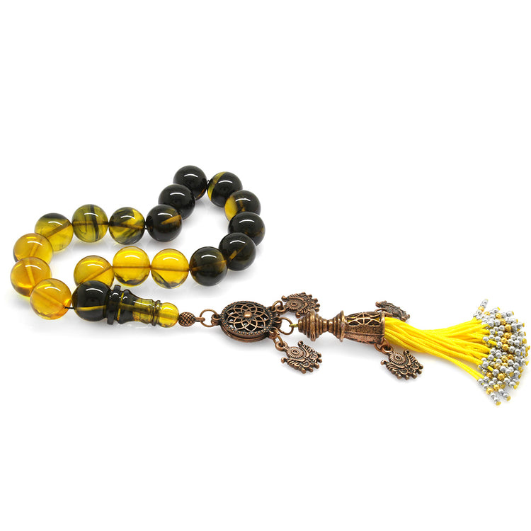 Antique Copper Tasseled Yellow-Black Fire Amber Efe Rosary