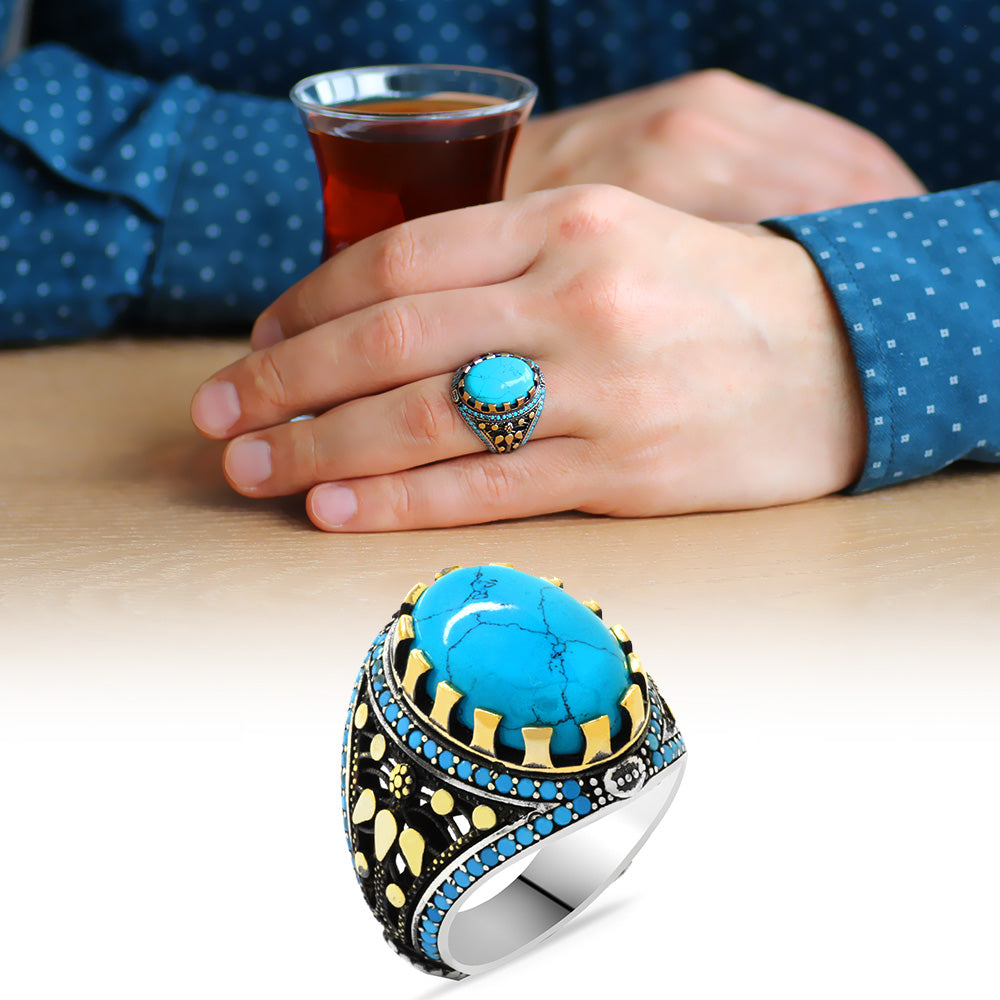 Turquoise Stone Oval 925 Sterling Silver Men's Ring