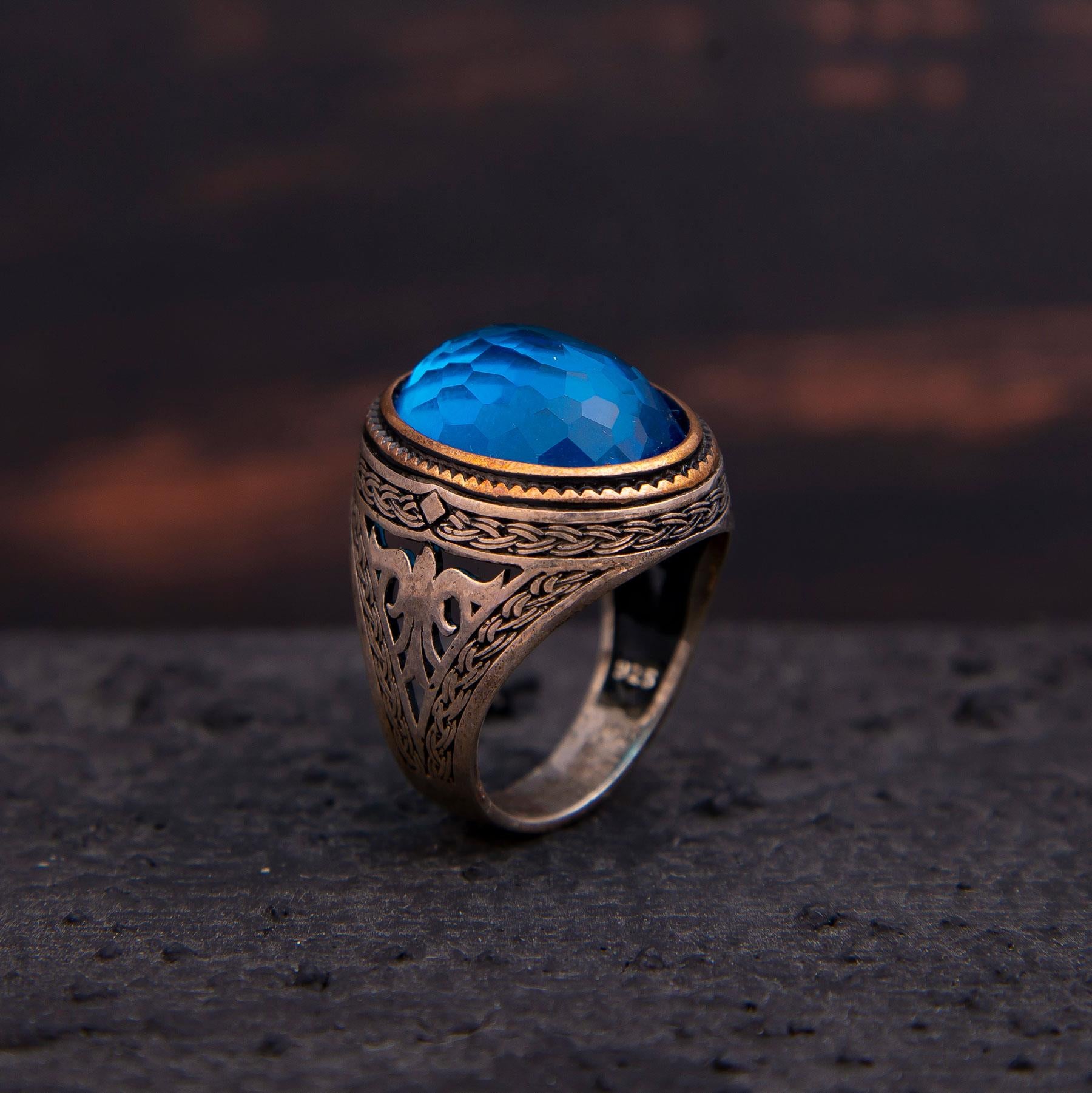 925 Sterling Silver Men's Ring with Aquamarine Stone 2