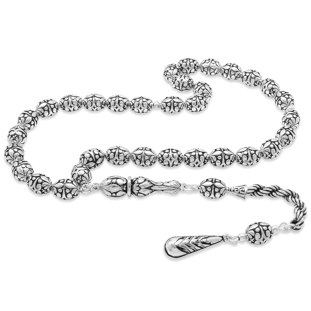 Barley Cut 925 Sterling Silver Rosary with Rope Chain