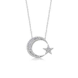 Ve Tesbih Crescent Star Zircon Stone Silver Necklace