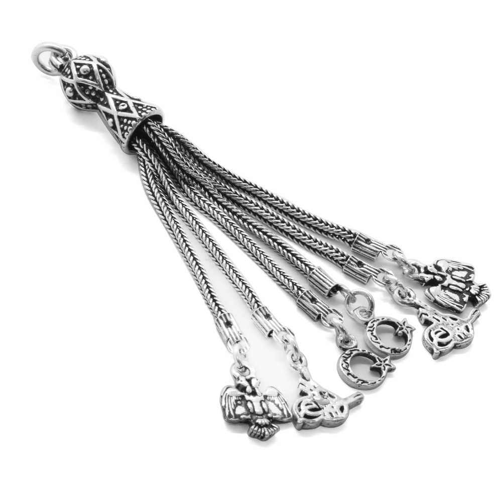 Crescent-Star-Double-Headed Eagle-Tuğra Design 6-Piece Whips 925 Sterling Silver Tassel