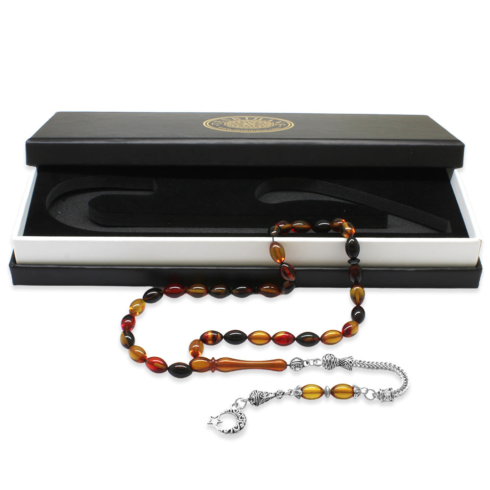 Crescent and Star Bala-Black Amber Rosary with Metal Tassels