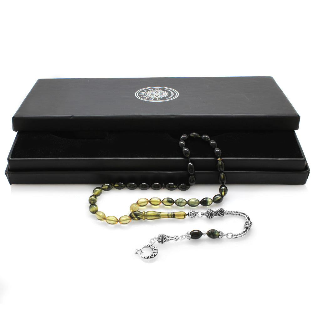 Crescent and Star White-Black Amber Rosary