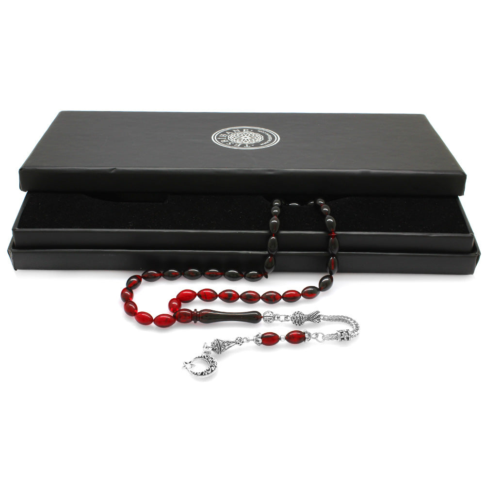 Crescent and Star Red-Black Fire Amber Rosary