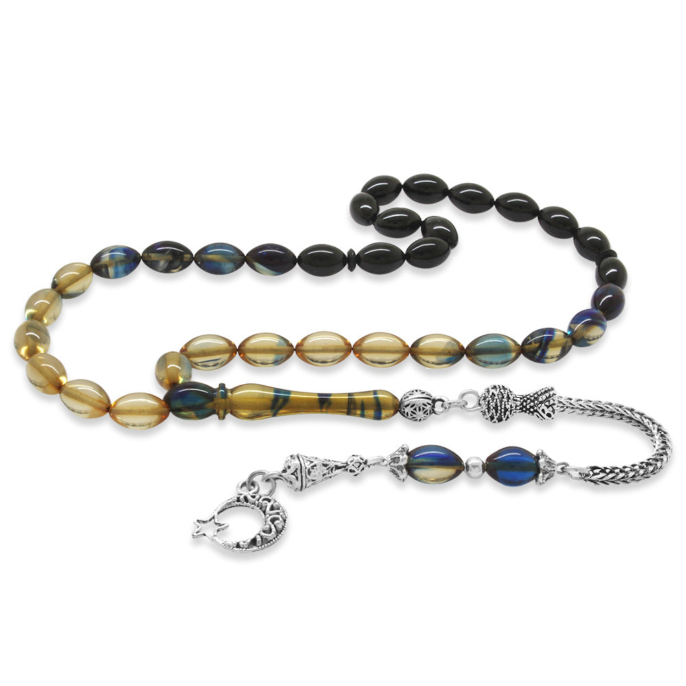 Crescent and Star Blue-White Amber Rosary