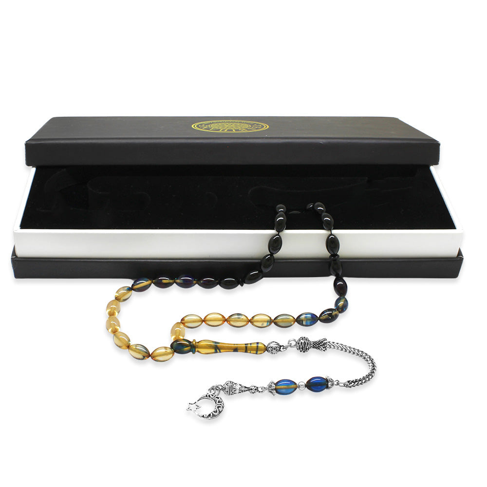 Crescent and Star Blue-White Amber Rosary