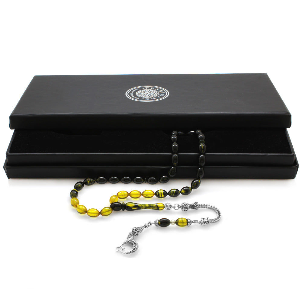 Crescent and Star Yellow-Black Amber Rosary