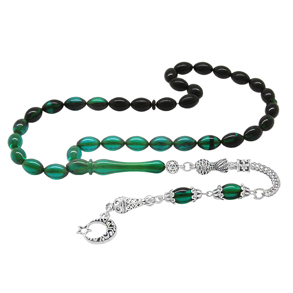 Crescent and Star Turquoise-Black Fire Amber Rosary