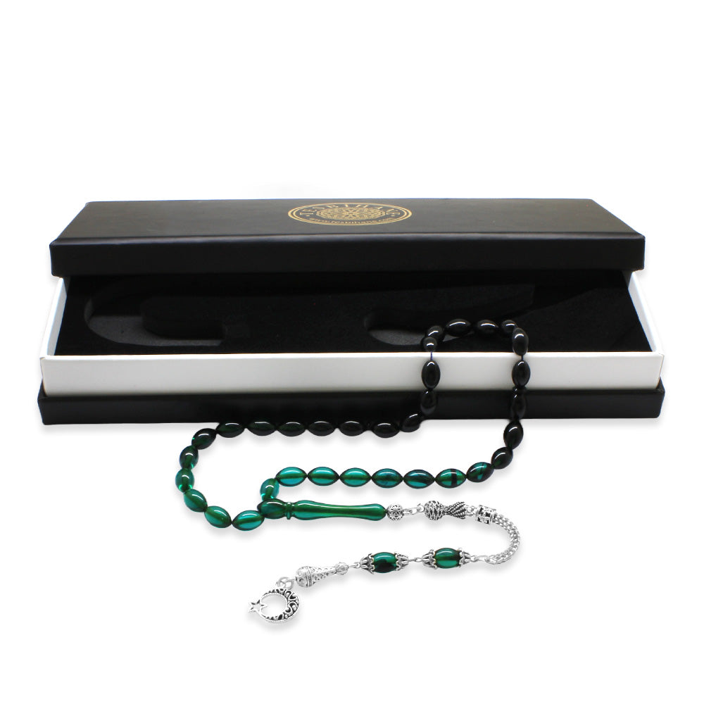 Crescent and Star Turquoise-Black Fire Amber Rosary