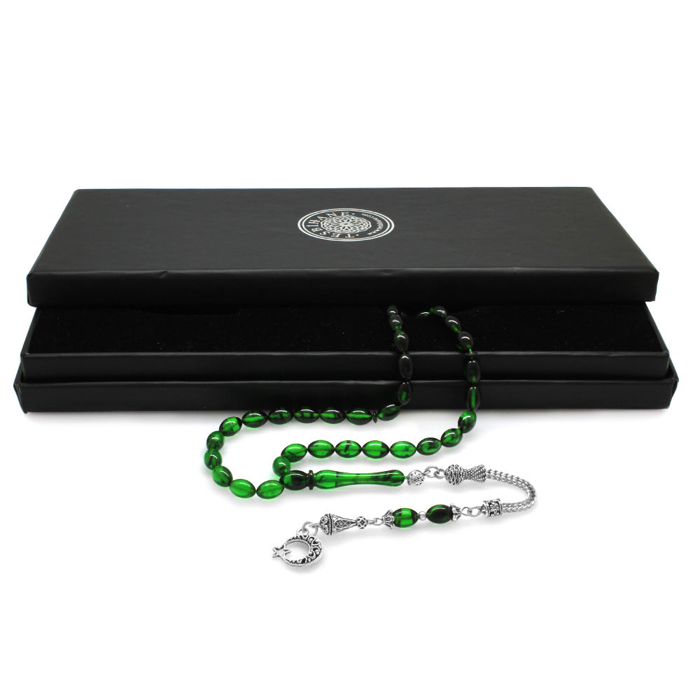 Crescent and Star Green-Black Fire Amber Rosary