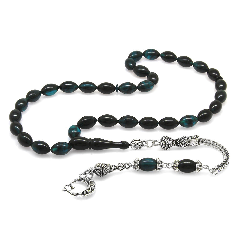 Crescent and Star Turquoise-Black Rosary with Metal Tassels