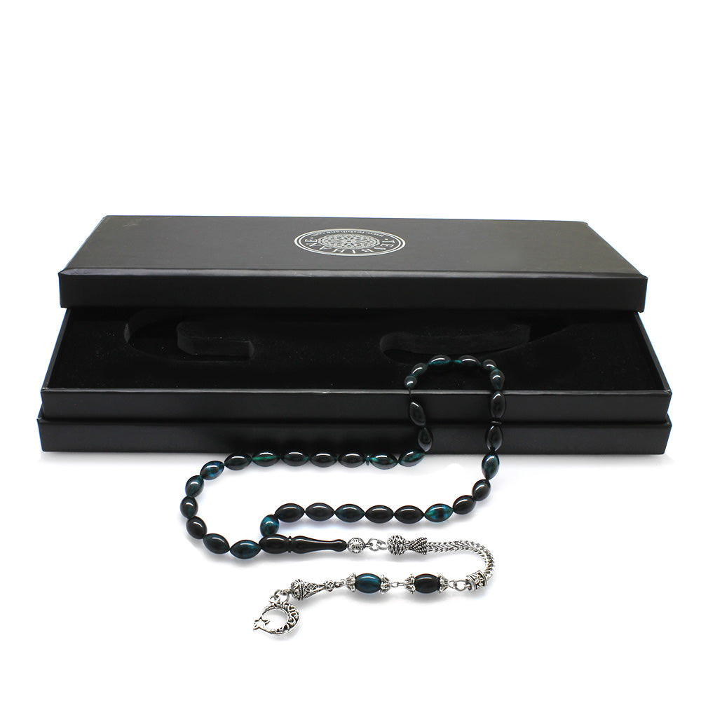 Crescent and Star Turquoise-Black Rosary with Metal Tassels