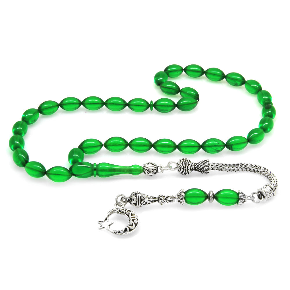 Crescent and Star Barley Green Fire Amber Rosary