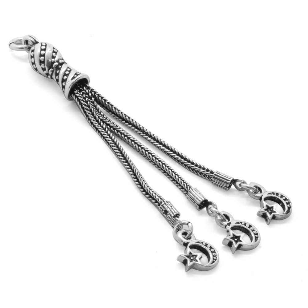 Crescent and Star Design Triple Whips 925 Sterling Silver Tassel