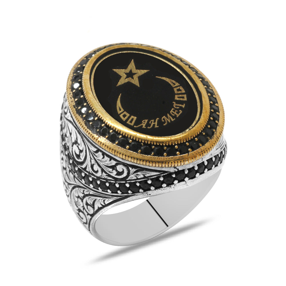 Crescent and Star Design Enameled 925 Sterling Silver Men's Ring with Personalized Name Written