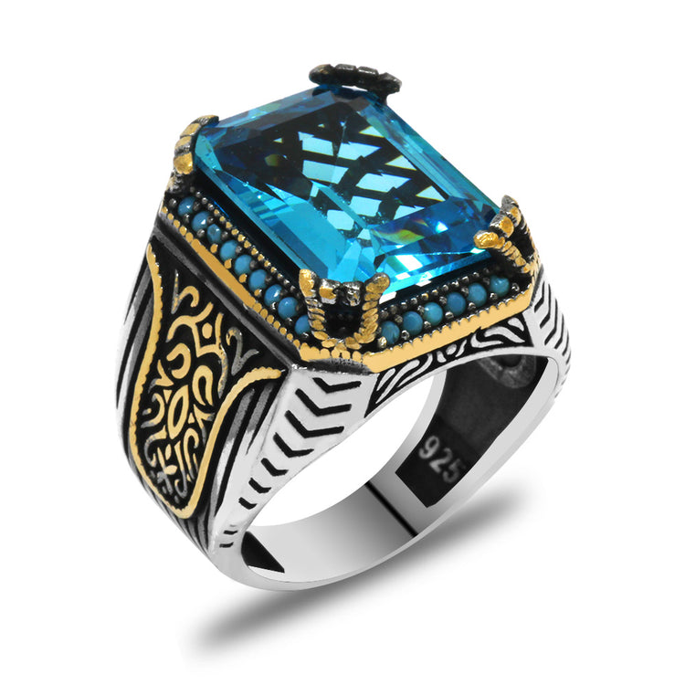 Baguette Cut Aqua Zircon Stone 925 Sterling Silver Men's Ring with Gothic Ornaments on the Sides