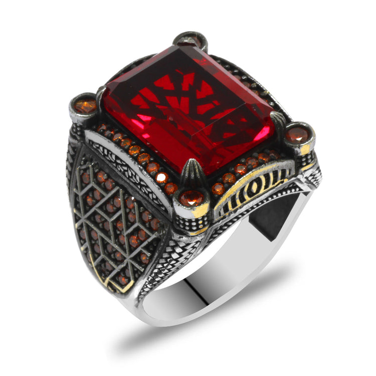 Red Zircon Stone Geometric Design 925 Sterling Silver Men's Ring