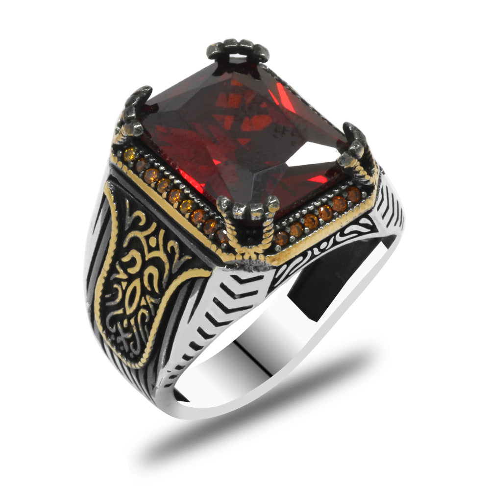 Red Zircon Stone 925 Sterling Silver Men's Ring with Gothic Ornaments on the Sides