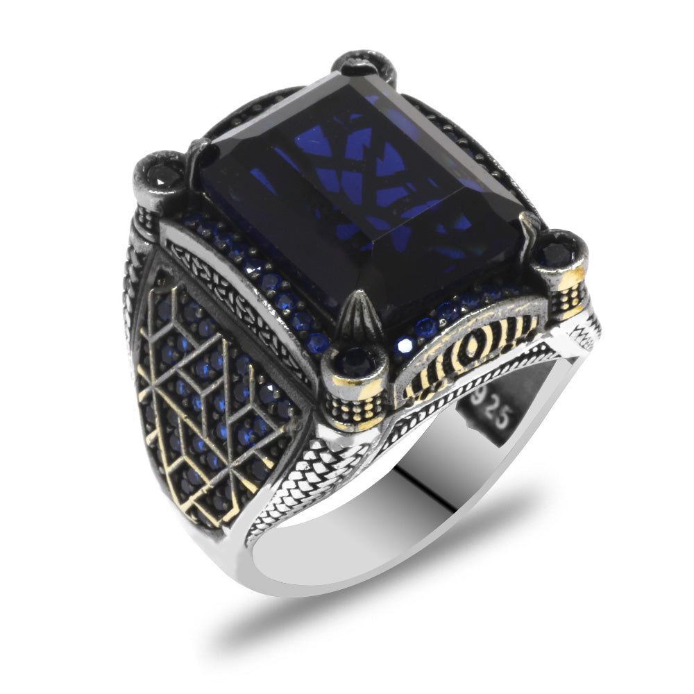 Blue Zircon Stone Geometric Design 925 Sterling Silver Men's Ring
