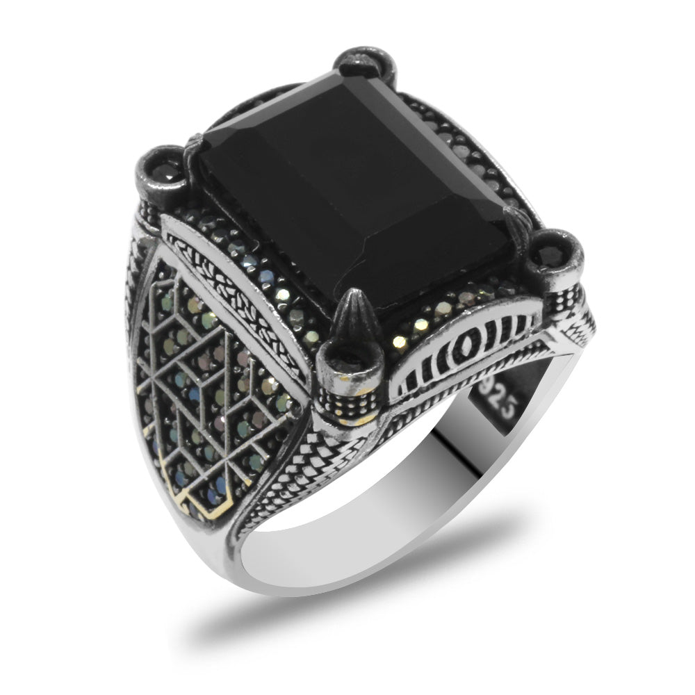 Black Zircon Stone Geometric Design 925 Sterling Silver Men's Ring