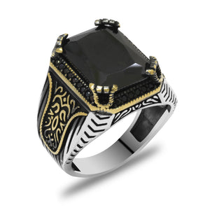 925 Sterling Silver Men's Ring with Black Zircon Stones and Gothic Ornaments on the Sides