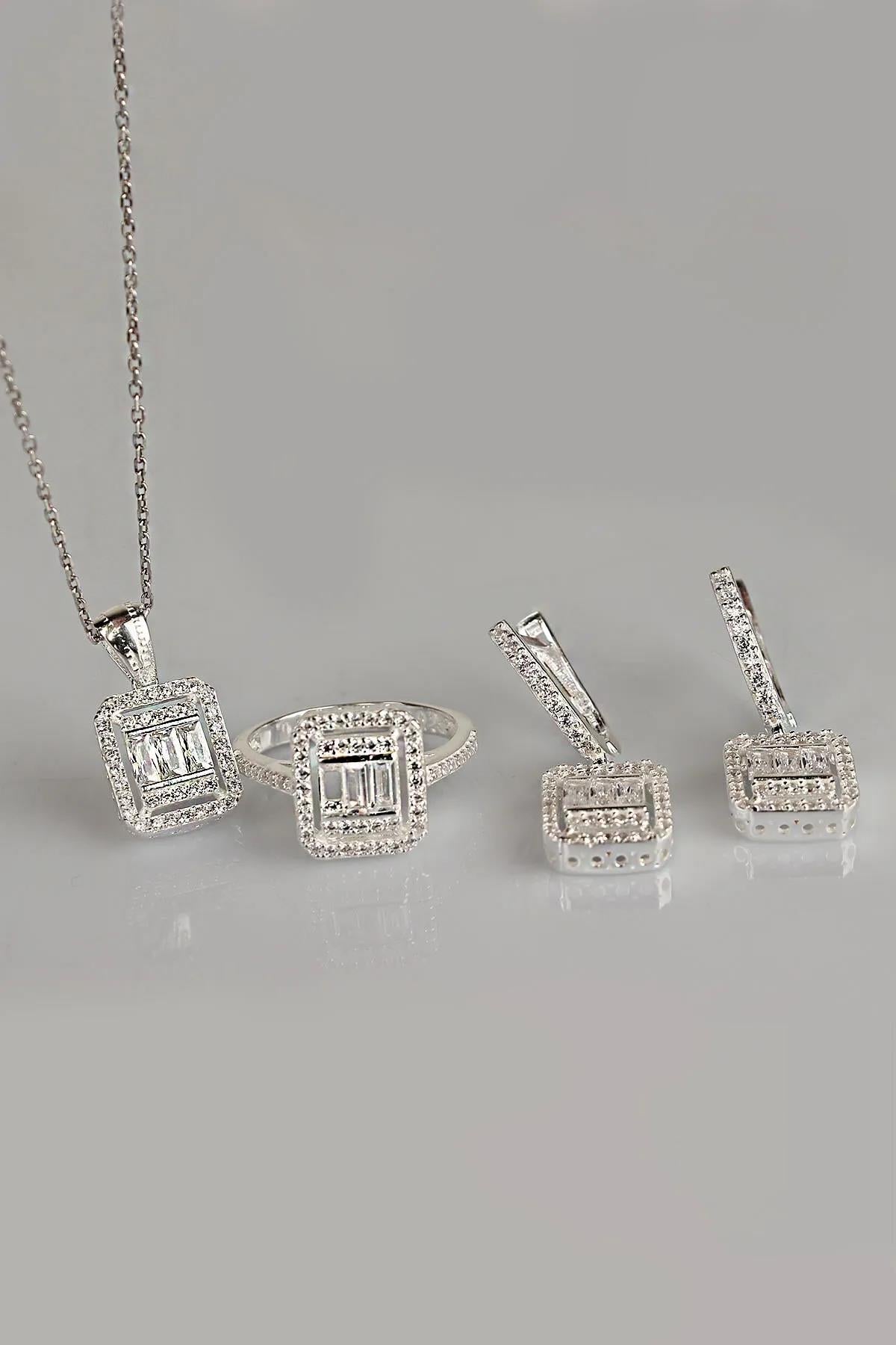 Ve Tesbih Baguette Stone Silver Women's Triple Jewelry Set 1