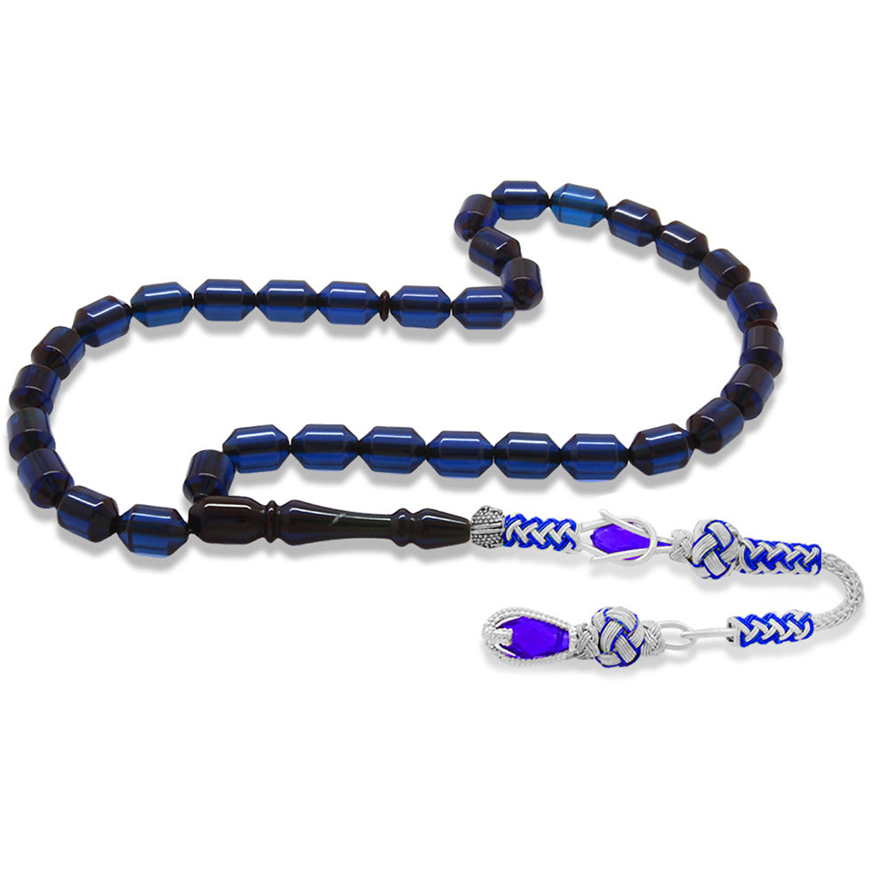 Copper Kazaz Tassel Ended Capsule Cut Dark Blue Squeezed Amber Prayer Beads