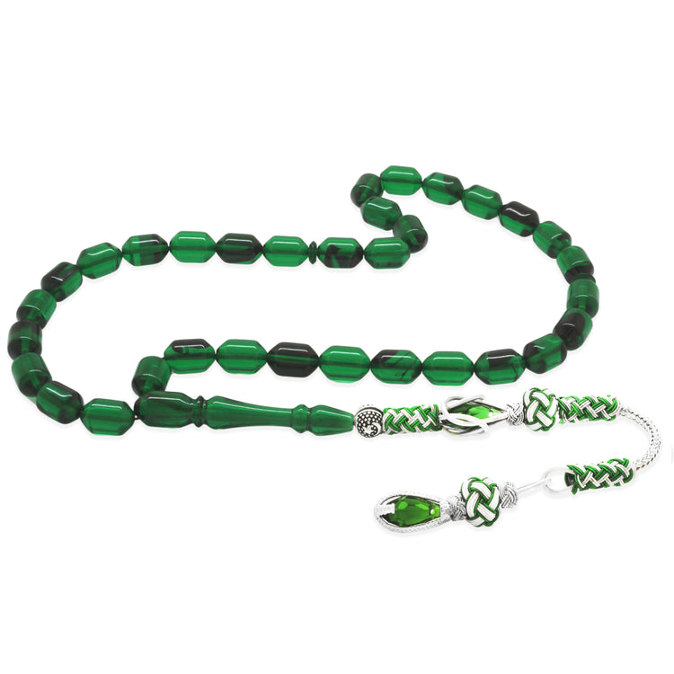 Copper Kazaz Tasseled Transparent Green-Black Fire Amber Rosary