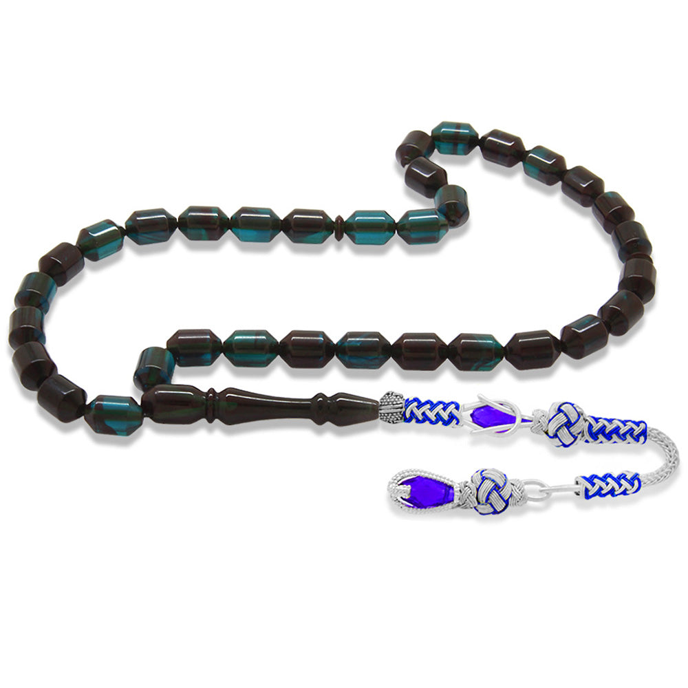 Copper Kazaz Tasseled End Capsule Cut Water Blue-Black Fire Amber Rosary