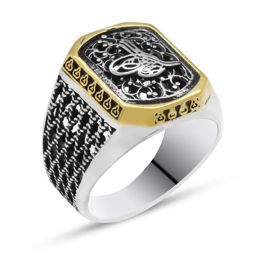 925 Sterling Silver Men's Ring with Baklava Design Tuğra  3