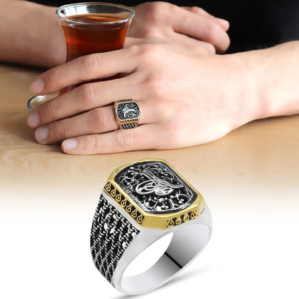 925 Sterling Silver Men's Ring with Baklava Design Tuğra 
