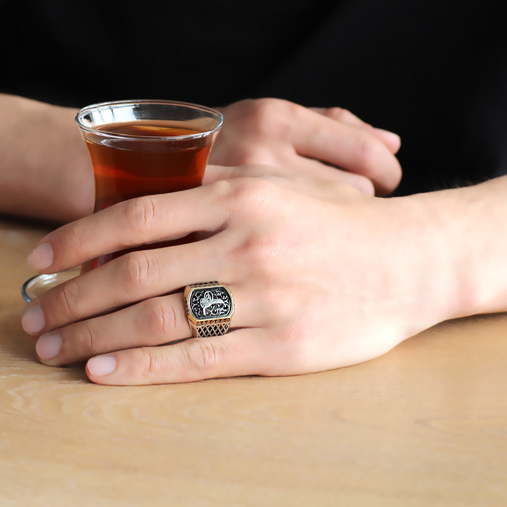 925 Sterling Silver Men's Ring with Baklava Design Tuğra  2